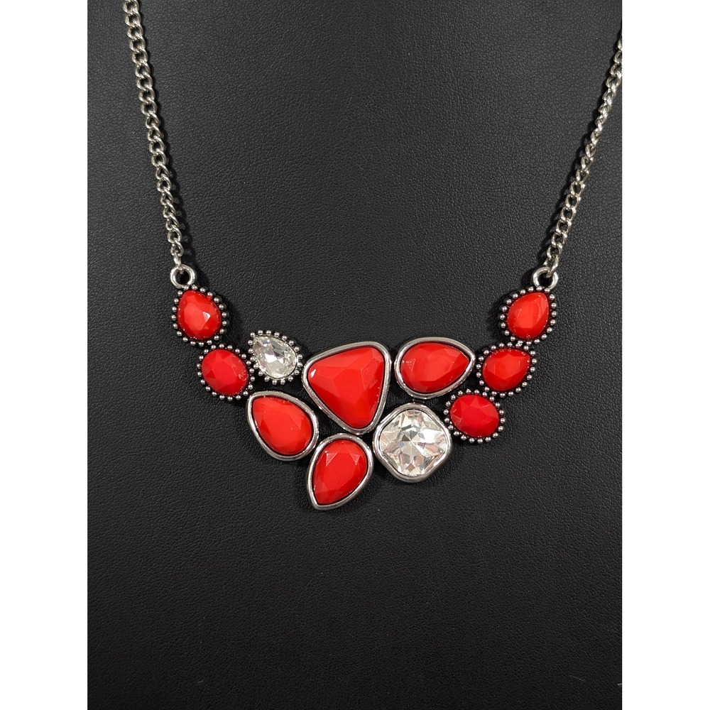 Red Statement Necklace Silver Tone Rhinestone Cabochon Bib 21"